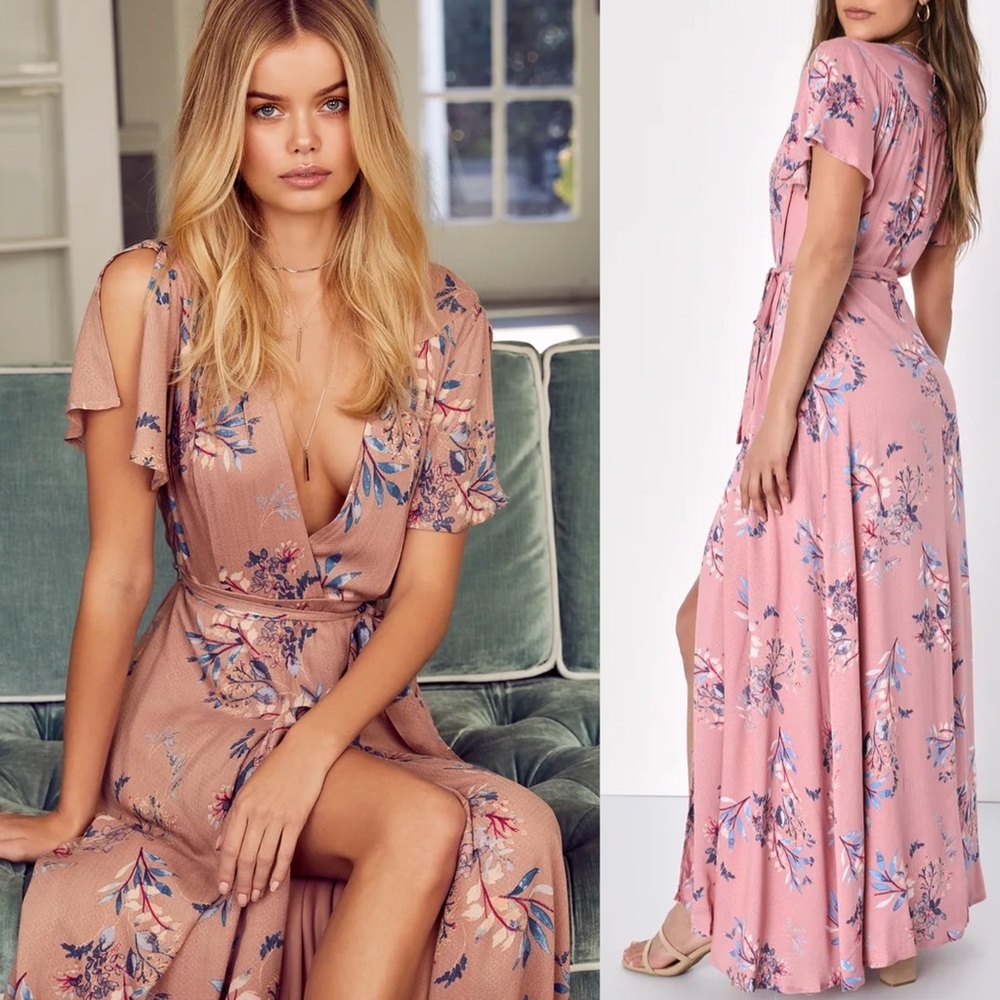 NEW Lulu’s Fiorire Rose Floral Print Wrap Maxi Dress S